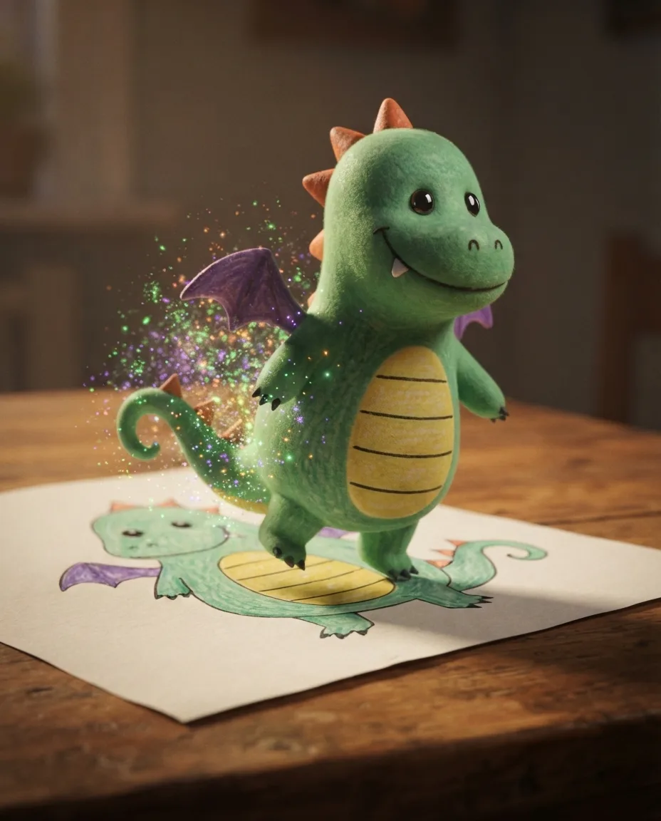 The same dragon as a 3D character stepping off the sheet on a table