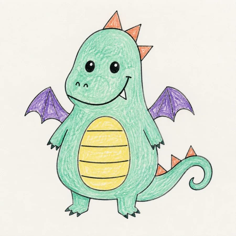 Felt-tip drawing of a small green dragon with purple wings and a yellow belly